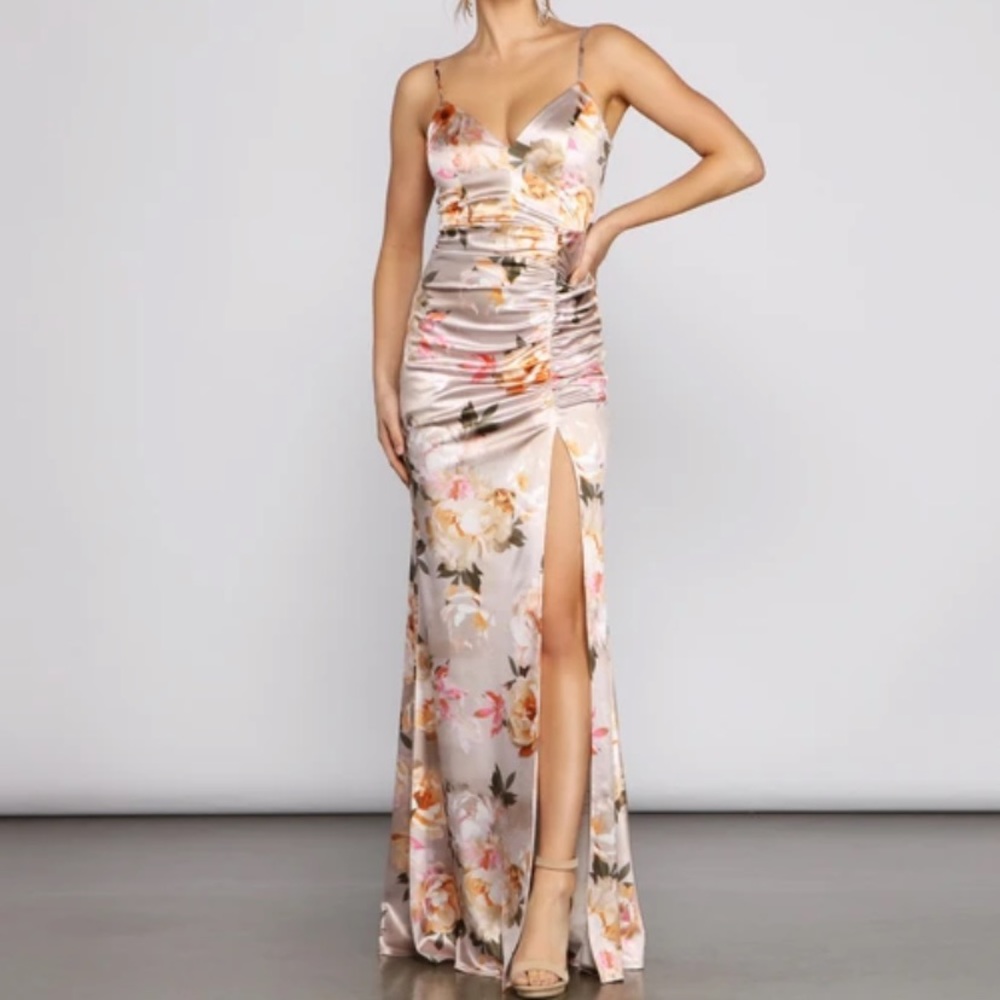 Satin Floral Floor Length Dress